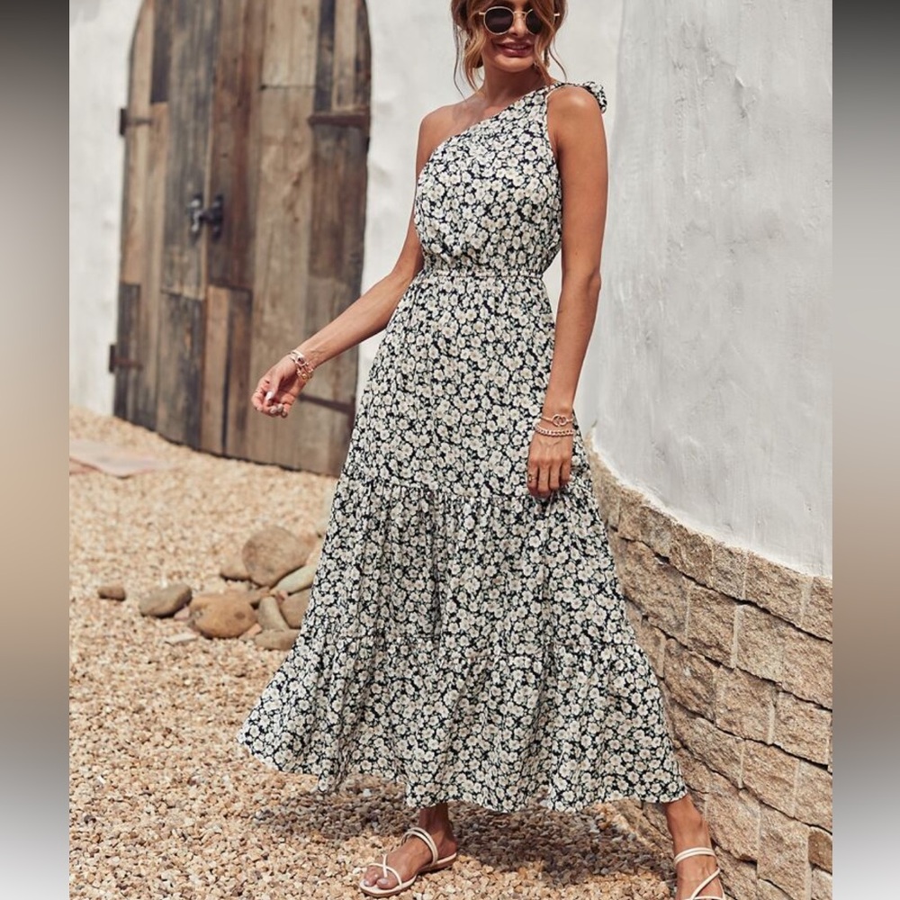 Large Floral One Shoulder Maxi Dress